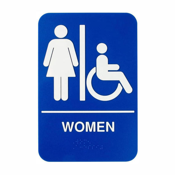 Women's Restroom & Handicap Sign with Braille - Blue and White, 9