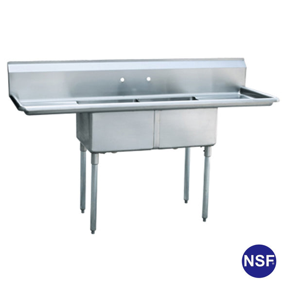 Two Compartment Stainless Steel Commercial Sink with Two Drainboards - 96
